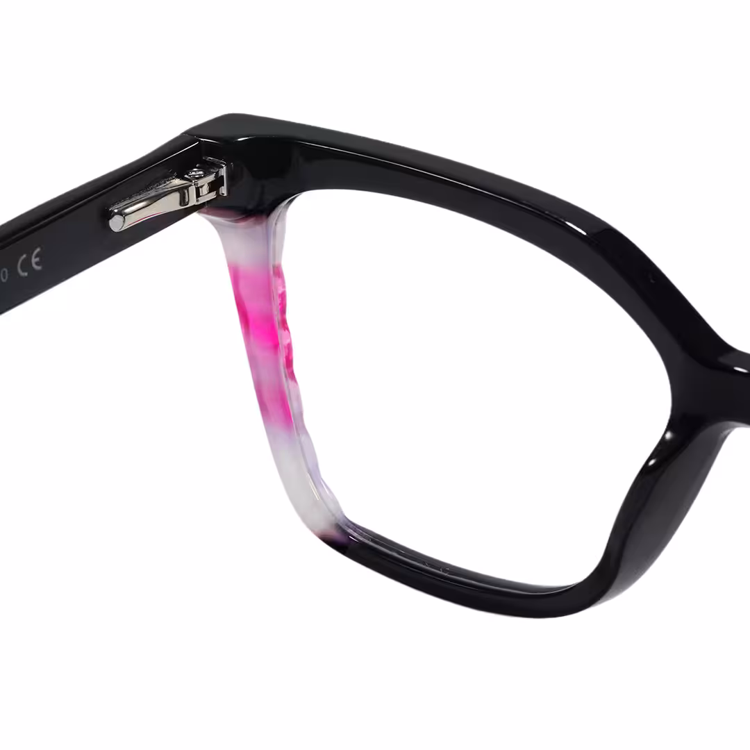 Hinge detail of Rael colorful cat eye acetate eyeglasses CA0422605 in black