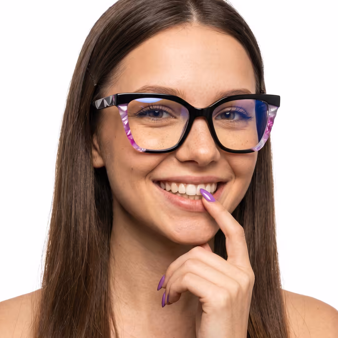 Female wearing colorful black cat eye acetate eyeglasses, smiling while moving hand near face. SPU: CA0422605