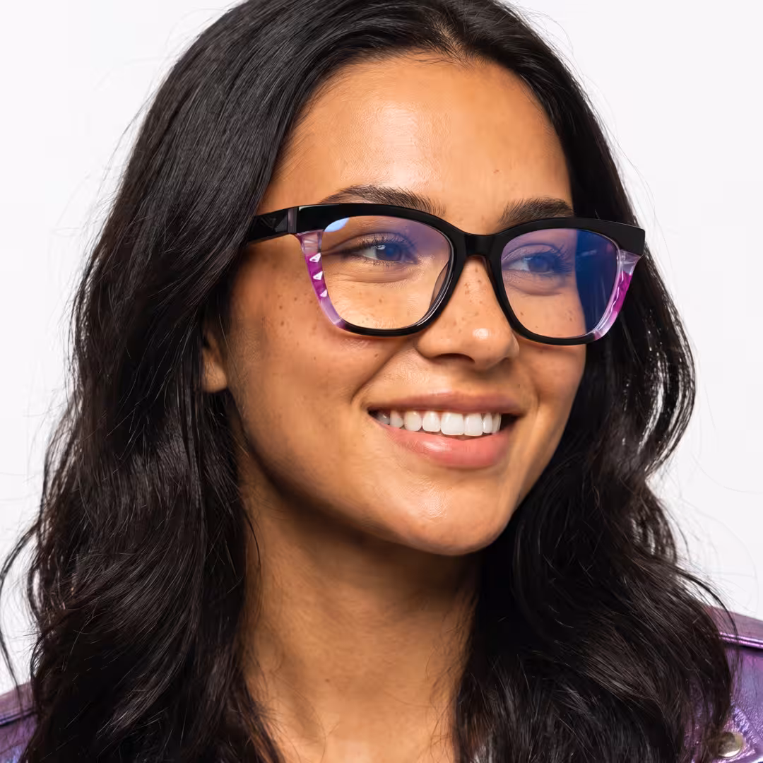 Female wearing colorful black cat eye acetate eyeglasses, smiling while looking away. SPU: CA0422605