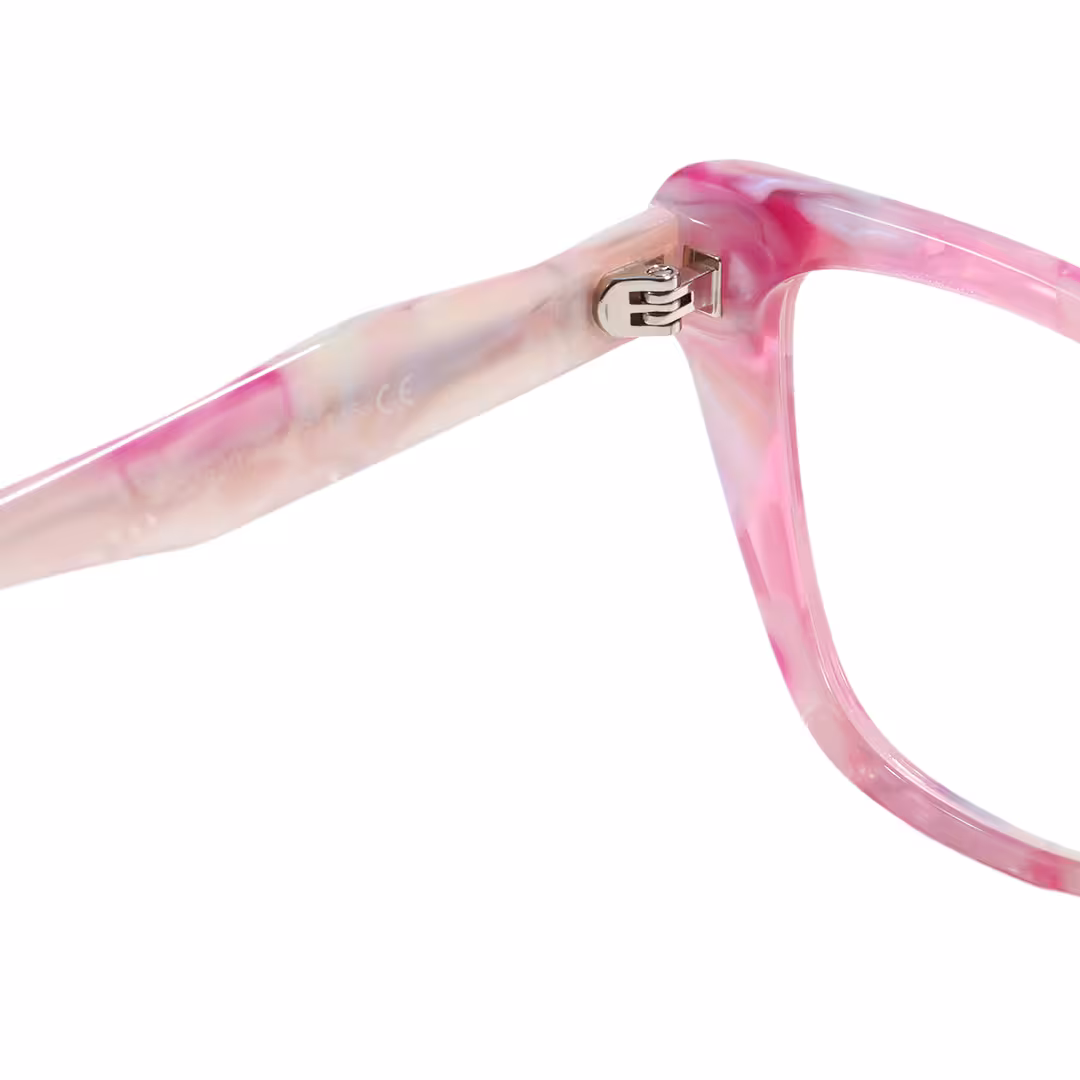 Hinge detail of Solt colorful cat eye acetate eyeglasses CA0432605 in pink