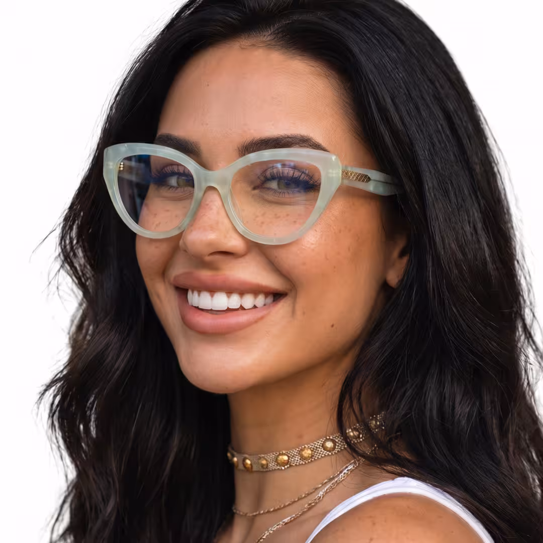 Female wearing colorful green cat eye acetate eyeglasses, smiling while looking at camera. SPU: CA0442605