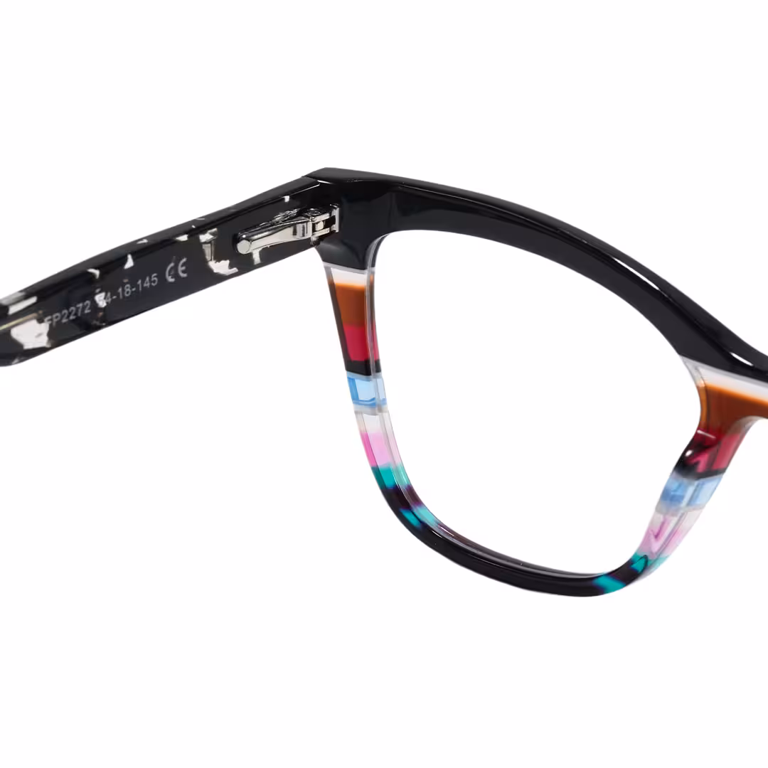Hinge detail of Vexel colorful cat eye acetate eyeglasses CA0452605 in black