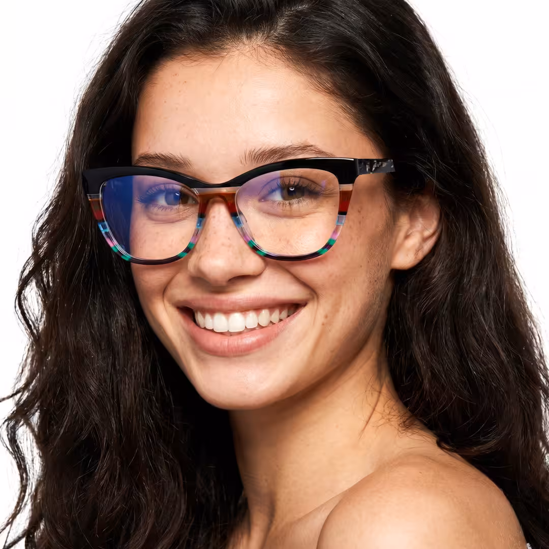 Female wearing colorful black cat eye acetate eyeglasses, smiling while looking at camera. SPU: CA0452605