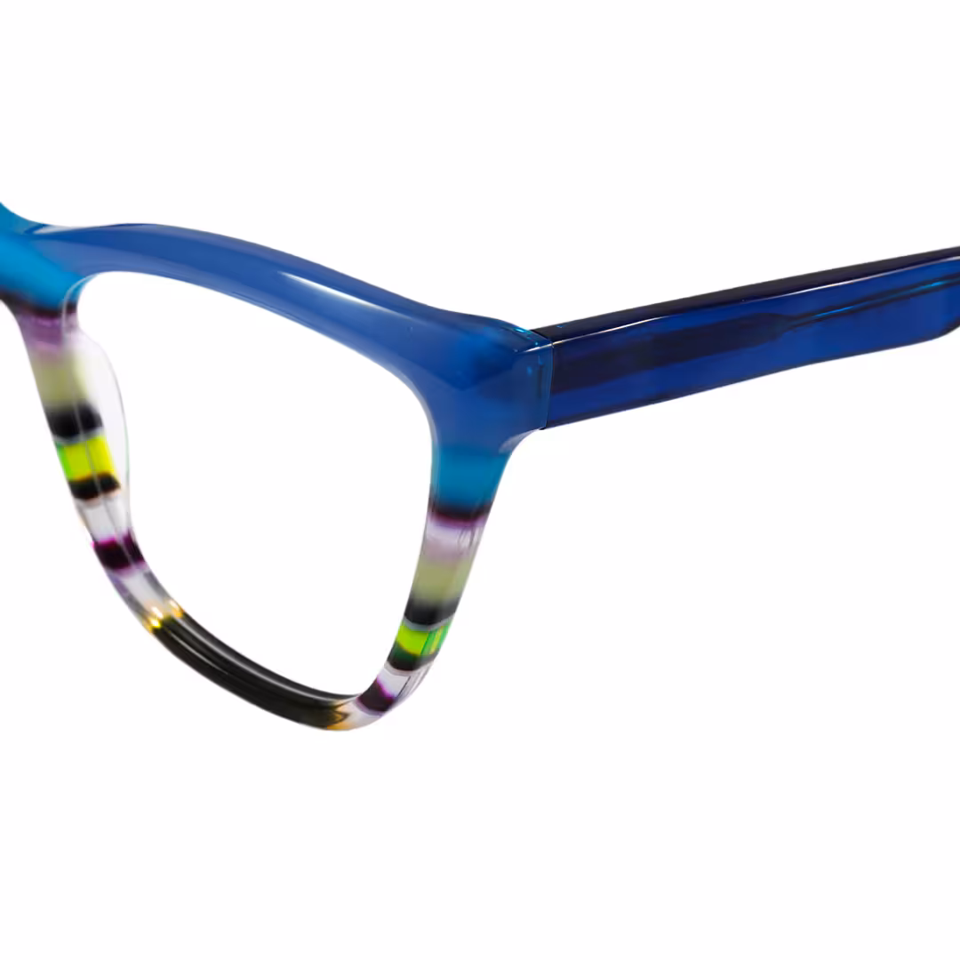 End piece detail of Vexel colorful cat eye acetate eyeglasses CA0452605 in blue