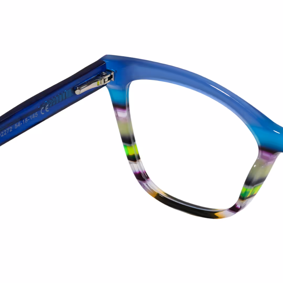 Hinge detail of Vexel colorful cat eye acetate eyeglasses CA0452605 in blue