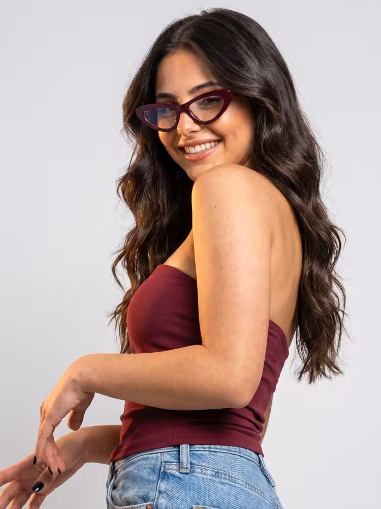 Female model wearing office siren red cat eye acetate eyeglasses in studio setting. SPU: CA0462605