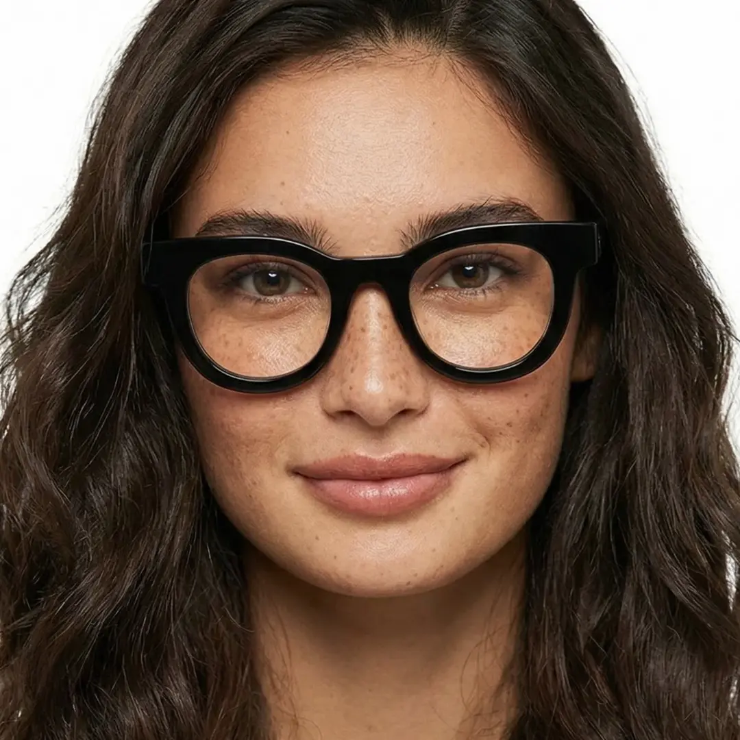 Front view of female wearing black round eyeglasses, soft smile, CA0532302