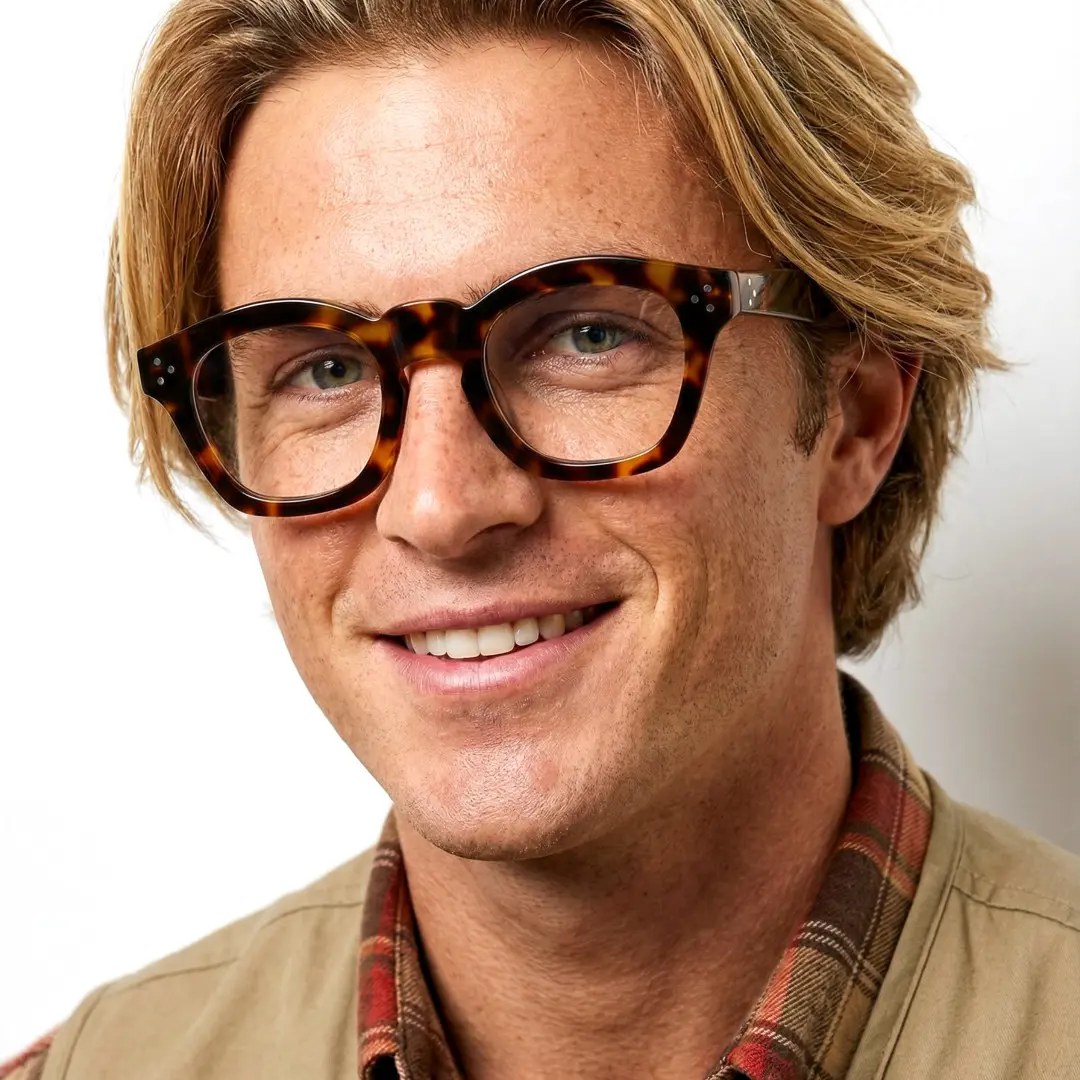 Three-quarter view of male wearing vintage tortoise cat eye eyeglasses, smiling, CA0542302