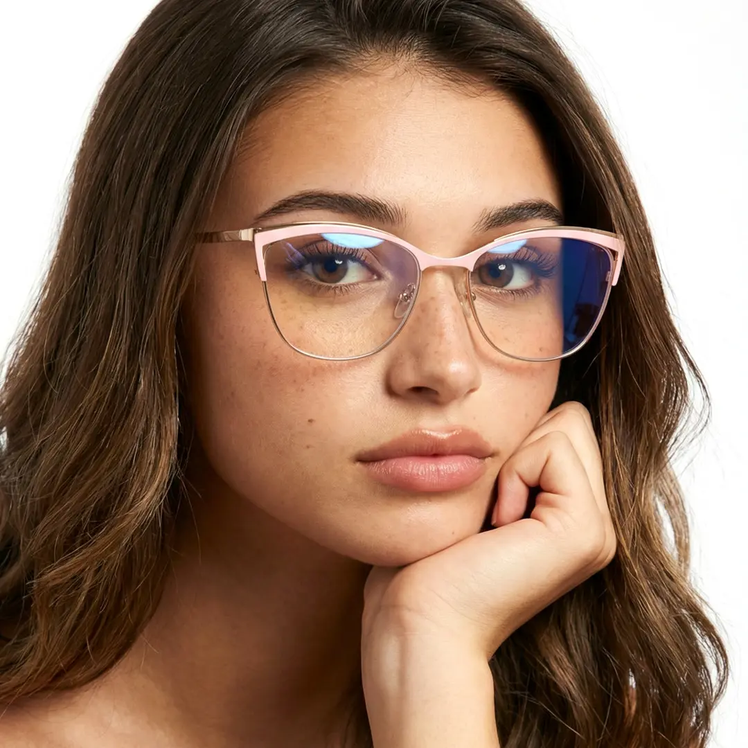 Three-quarter view of female wearing pink cat eye eyeglasses, resting chin on hand, neutral expression, CM0022208