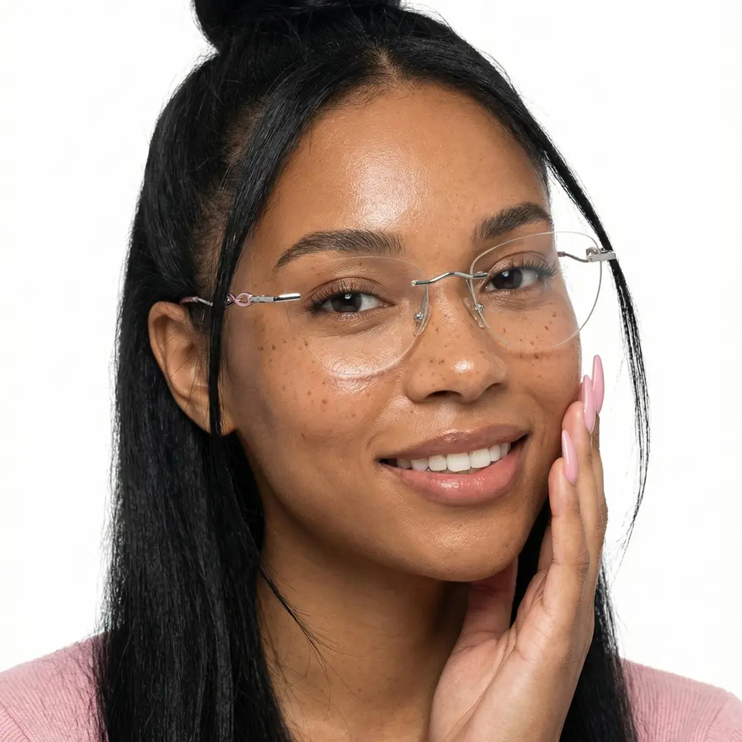 Slightly angled view of female wearing pink cat eye eyeglasses, resting chin on hand, natural smile, CM0032603