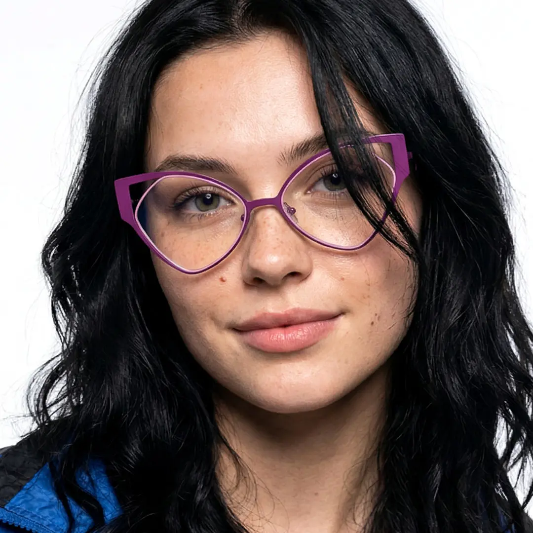 Front view of female wearing purple cat eye eyeglasses, natural smile, CM0042311