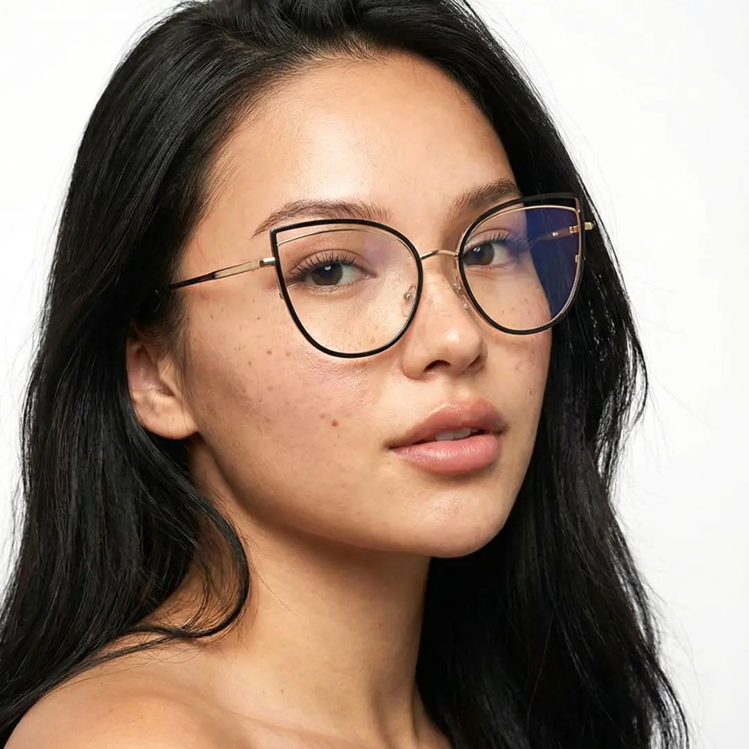 Three-quarter view of female wearing black cat eye eyeglasses, relaxed expression, CM0042408