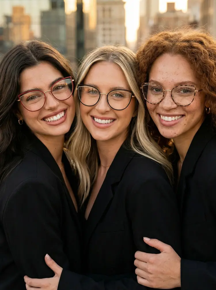 Group of three women model wearing everyday eyewear black cat eye metal eyeglasses on a rooftop with city skyline at sunset. SPU: CM0042408