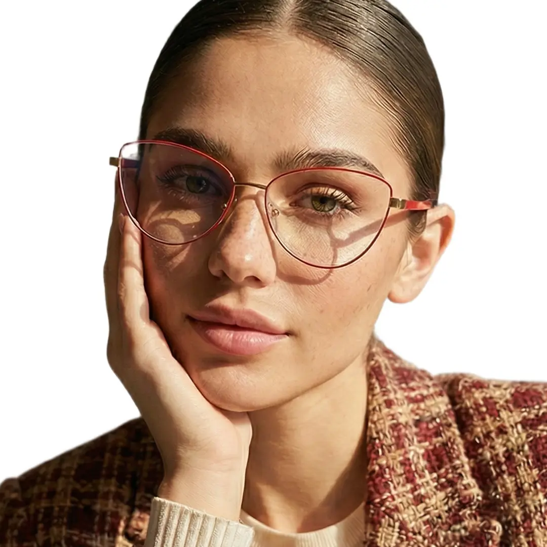 Front view of male wearing red cat eye eyeglasses, smiling, CM0072208