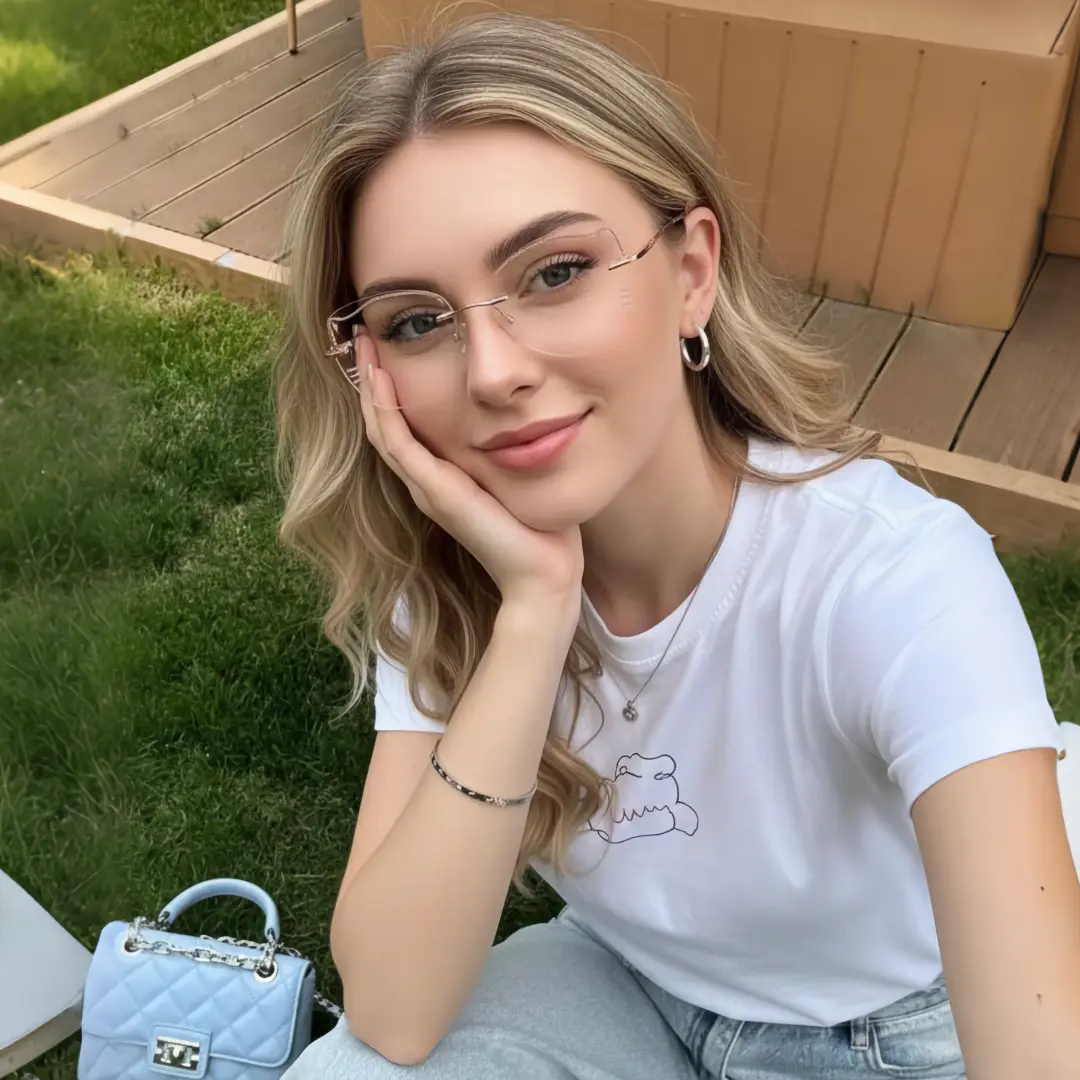 Three-quarter view of female wearing clear cat eye eyeglasses, resting chin on hand, soft smile, CM0142511