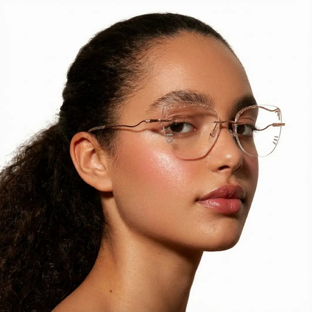 Slightly angled view of female wearing clear cat eye eyeglasses, neutral expression, CM0142511