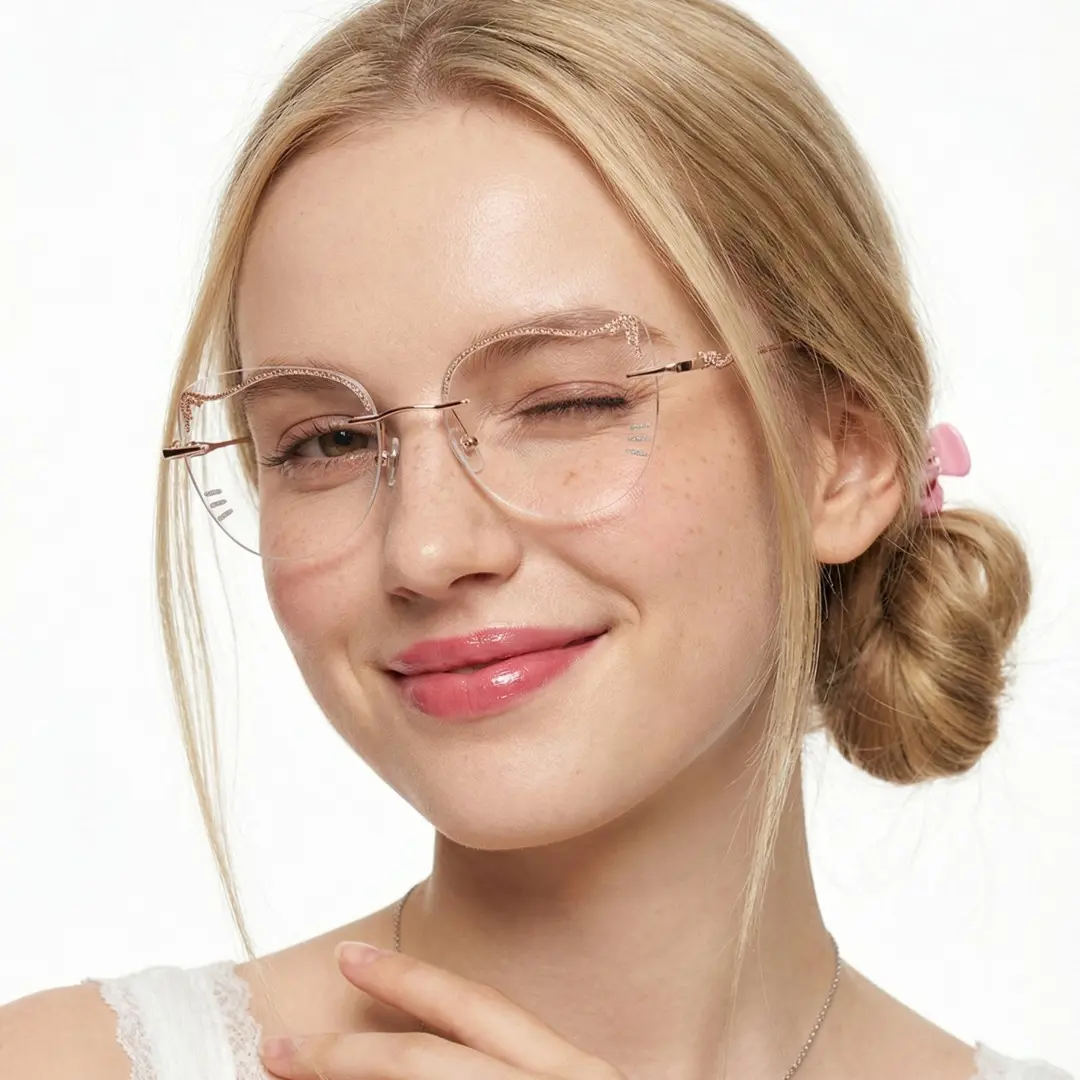 Front view of female wearing clear cat eye eyeglasses, Winking, smiling, CM0142511