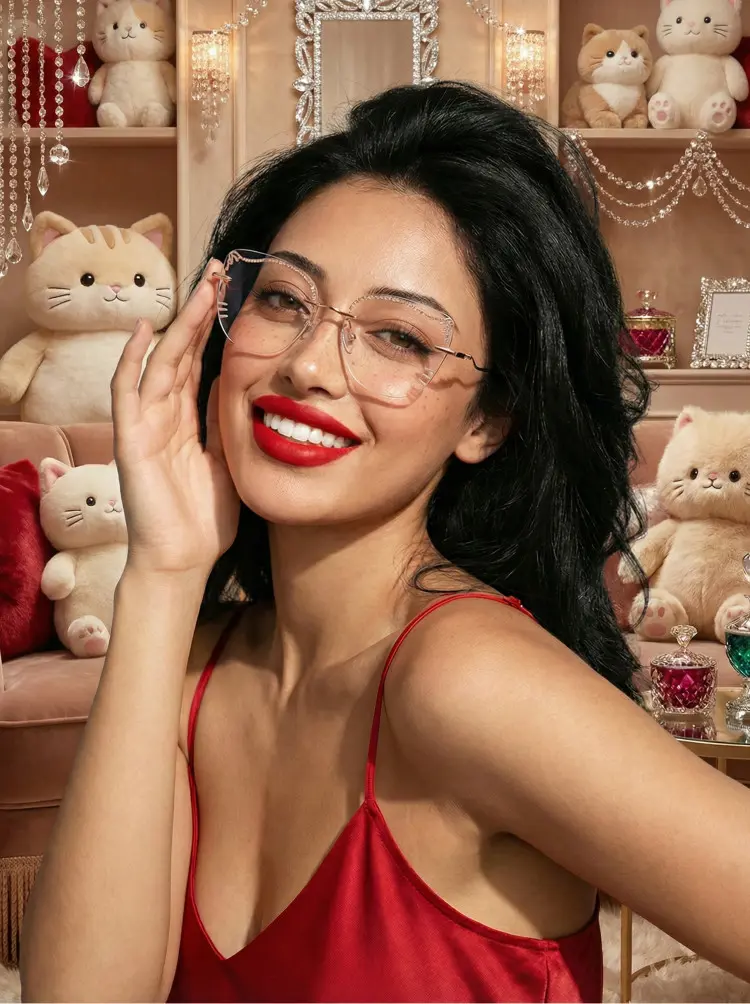 Female model wearing rimless clear cat eye metal eyeglasses in a cozy room surrounded by cute cat plushies and toys. SPU: CM0142511