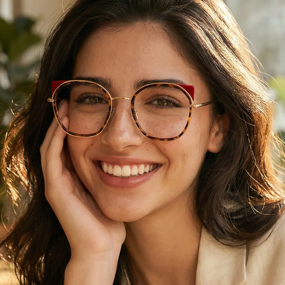 Front view of female wearing tortoise cat eye eyeglasses, resting chin on hand, CM0162401