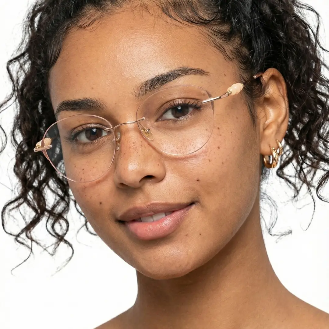 Front view of female wearing pink cat eye eyeglasses, natural smile, CM0172511