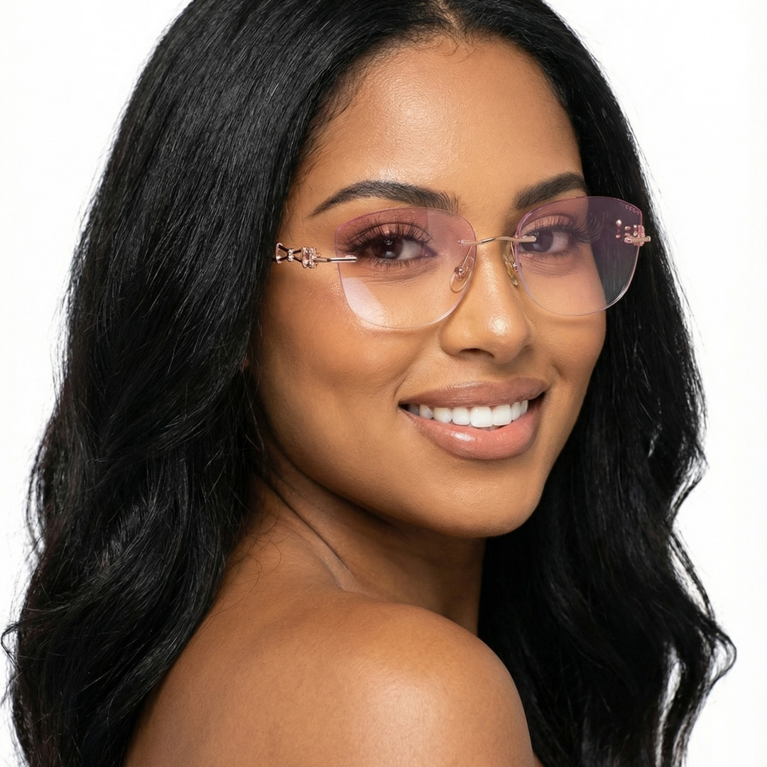 Over the shoulder view of female wearing pink cat eye eyeglasses, smiling, CM0182511