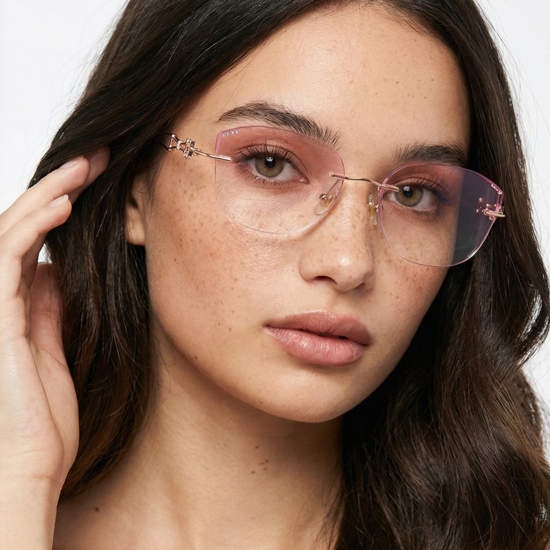 Profile view of female wearing pink cat eye eyeglasses, hand in hair, neutral expression, CM0182511