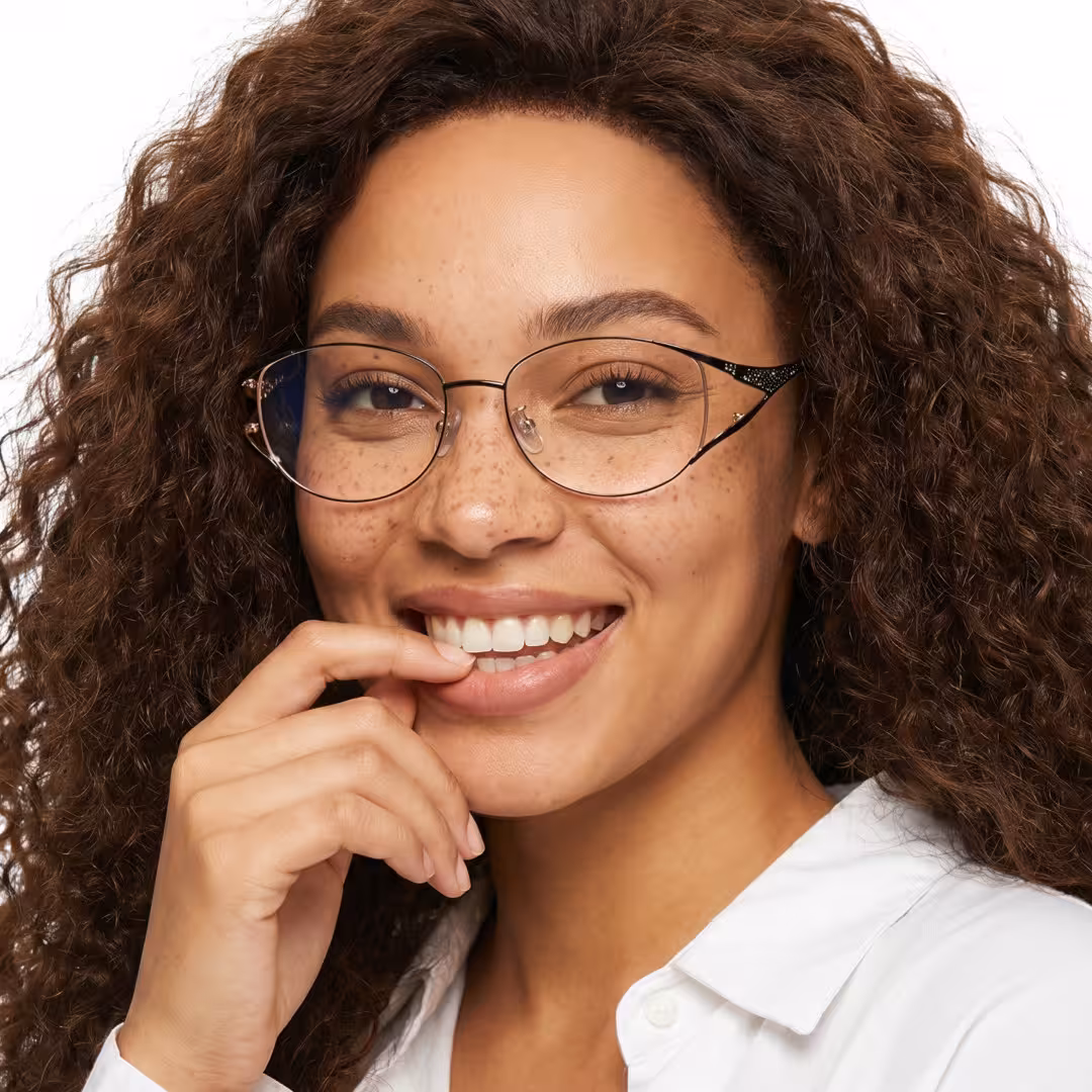 Female wearing fashion black cat eye metal eyeglasses, smiling. SPU: CM0262605