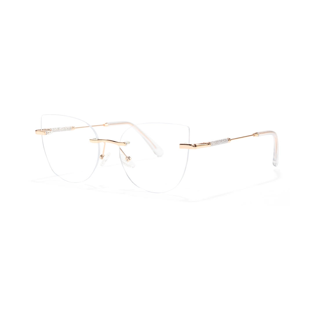 Angle view of Mirel cat eye metal magnetic clip-on eyeglasses set with interchangeable toppers CM0272601 in gold