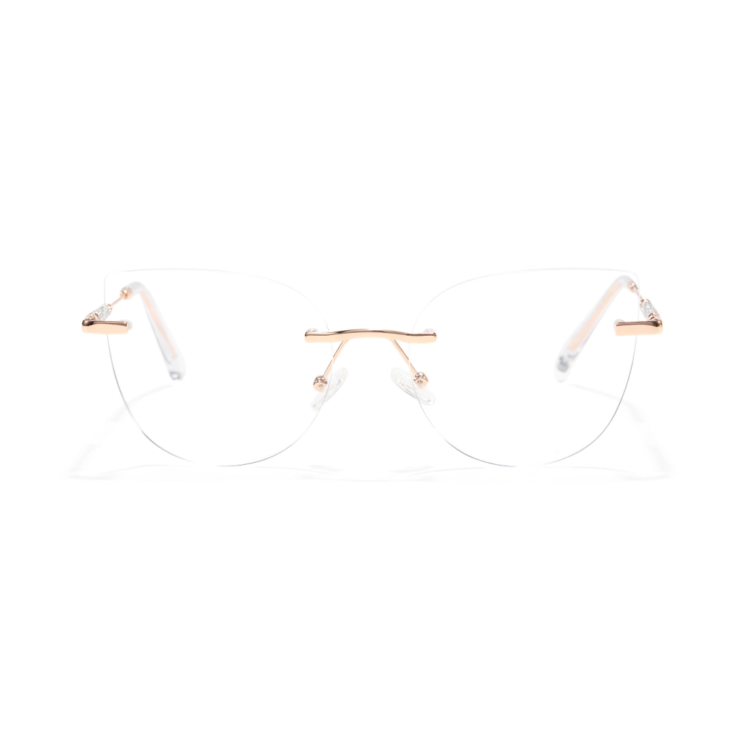 Front view of Mirel cat eye metal magnetic clip-on eyeglasses set with interchangeable toppers CM0272601 in gold
