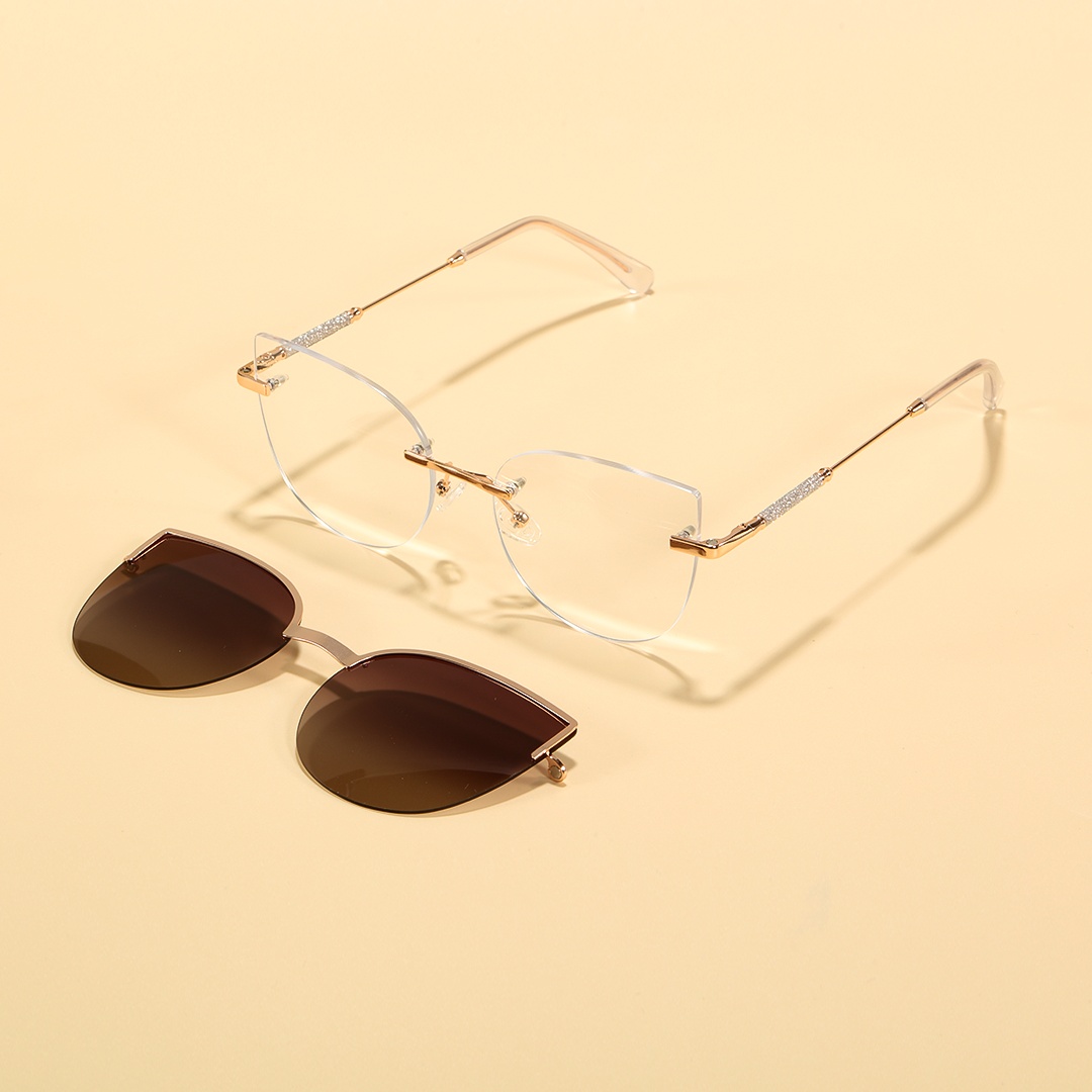 Scene view of Mirel cat eye metal magnetic clip-on eyeglasses set with interchangeable toppers CM0272601 in gold