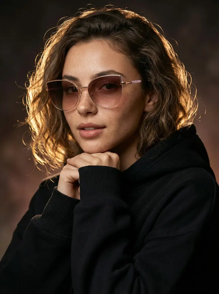 Female model wearing magnetic gold cat eye metal magnetic clip-on eyeglasses in a black hoodie against a studio dark brown background with rim lighting. SPU: CM0272601