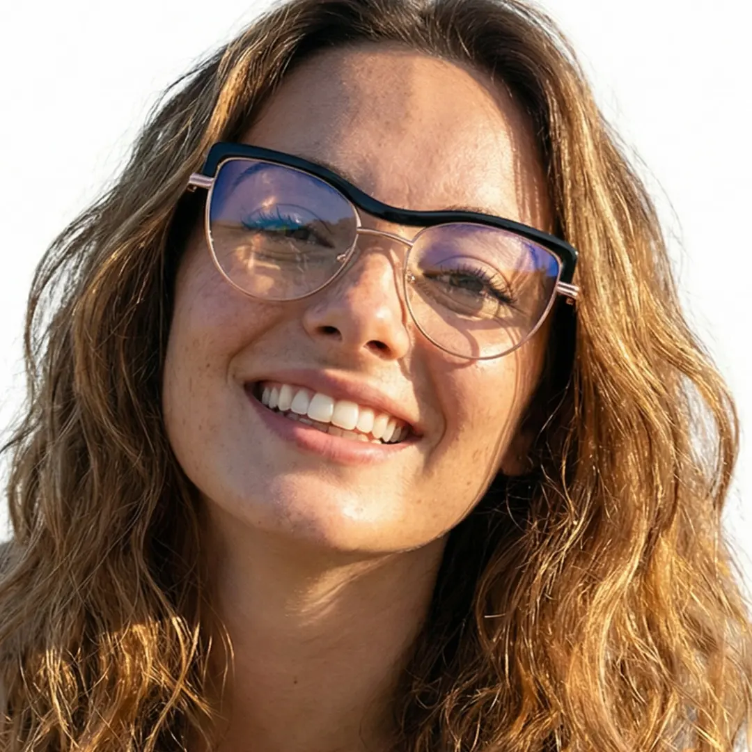 Front view of female wearing vintage black cat eye eyeglasses, wide smile, CM0402503