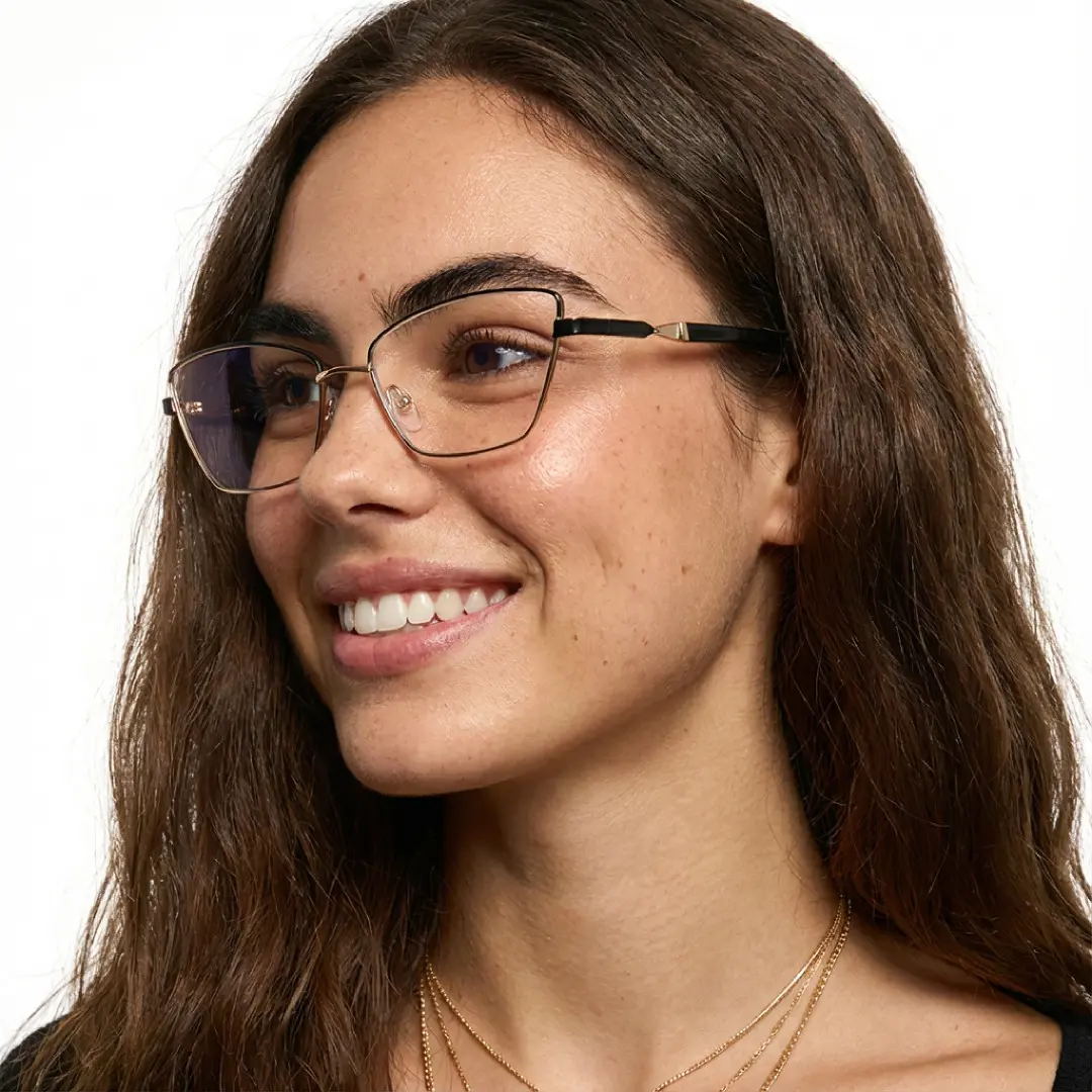 Profile view of female wearing office siren black cat eye eyeglasses, smiling, CM0452302