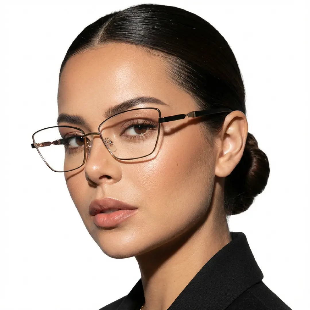 Slightly angled view of female wearing office siren black cat eye eyeglasses, neutral expression, CM0452302