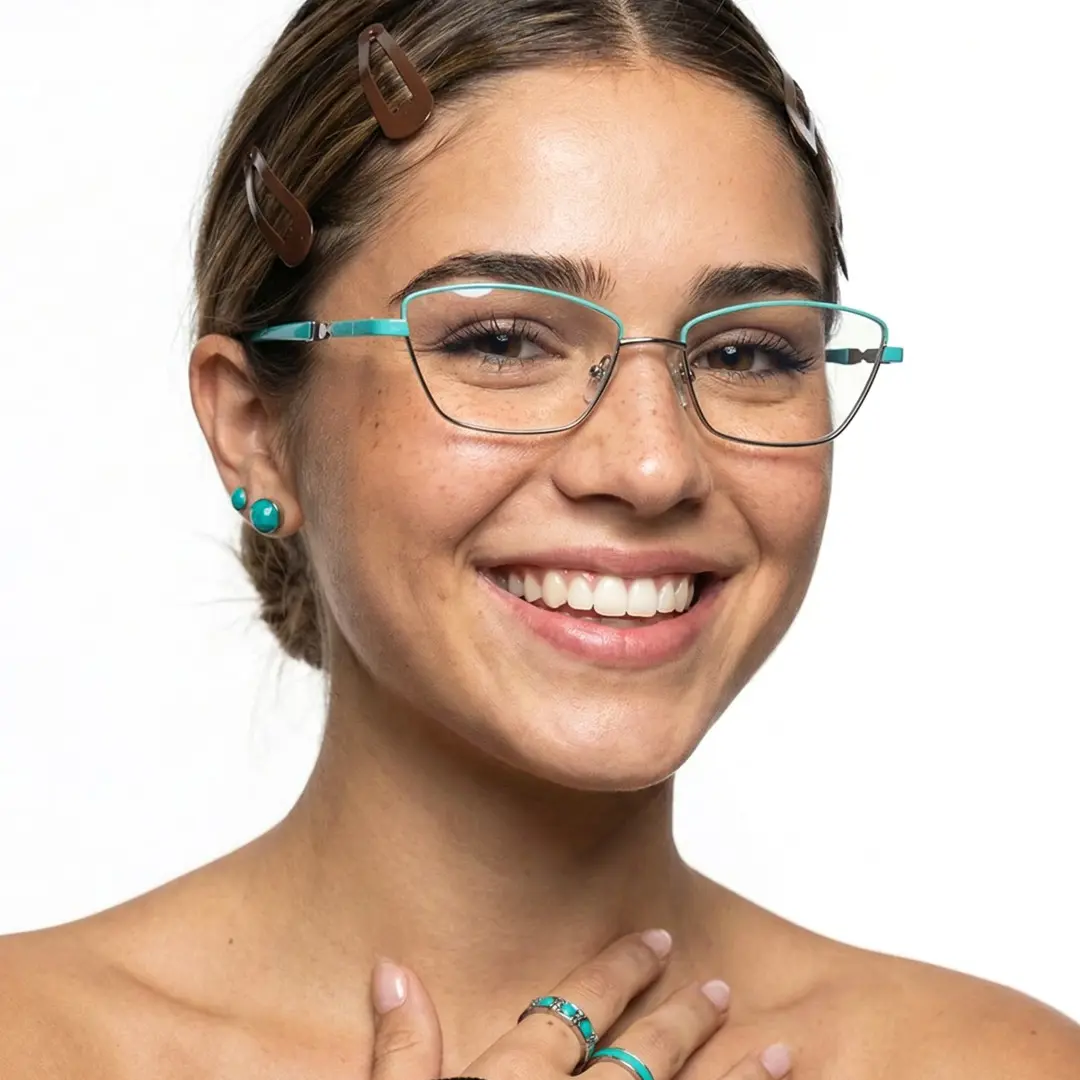 Three-quarter view of female wearing office siren light blue cat eye eyeglasses, smiling, CM0452302