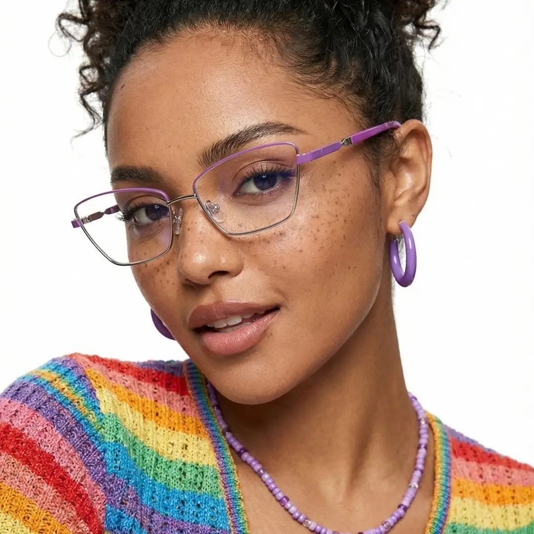 Three-quarter view of female wearing office siren purple cat eye eyeglasses, natural smile, CM0452302