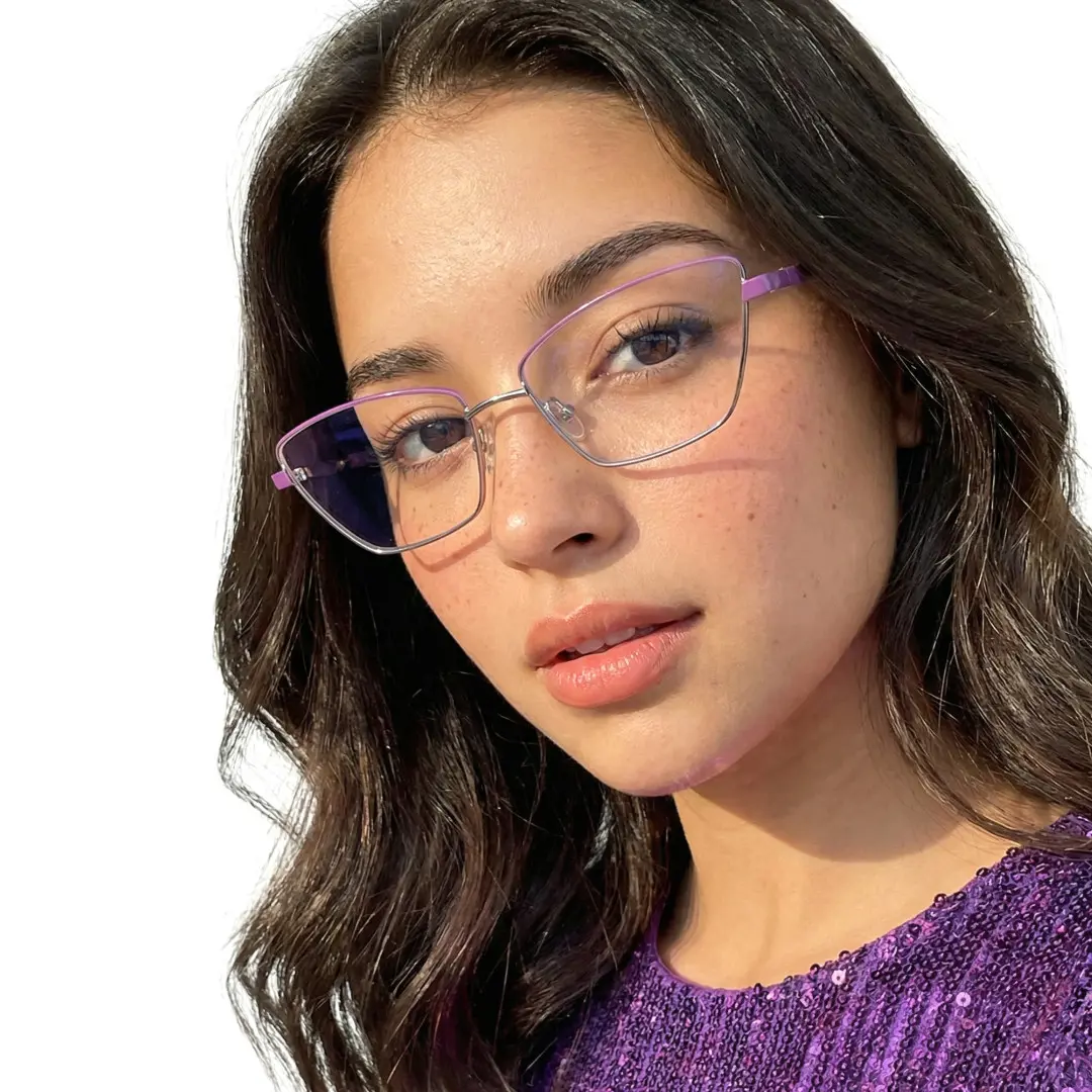 Tilted head view of female wearing office siren purple cat eye eyeglasses, neutral expression, CM0452302