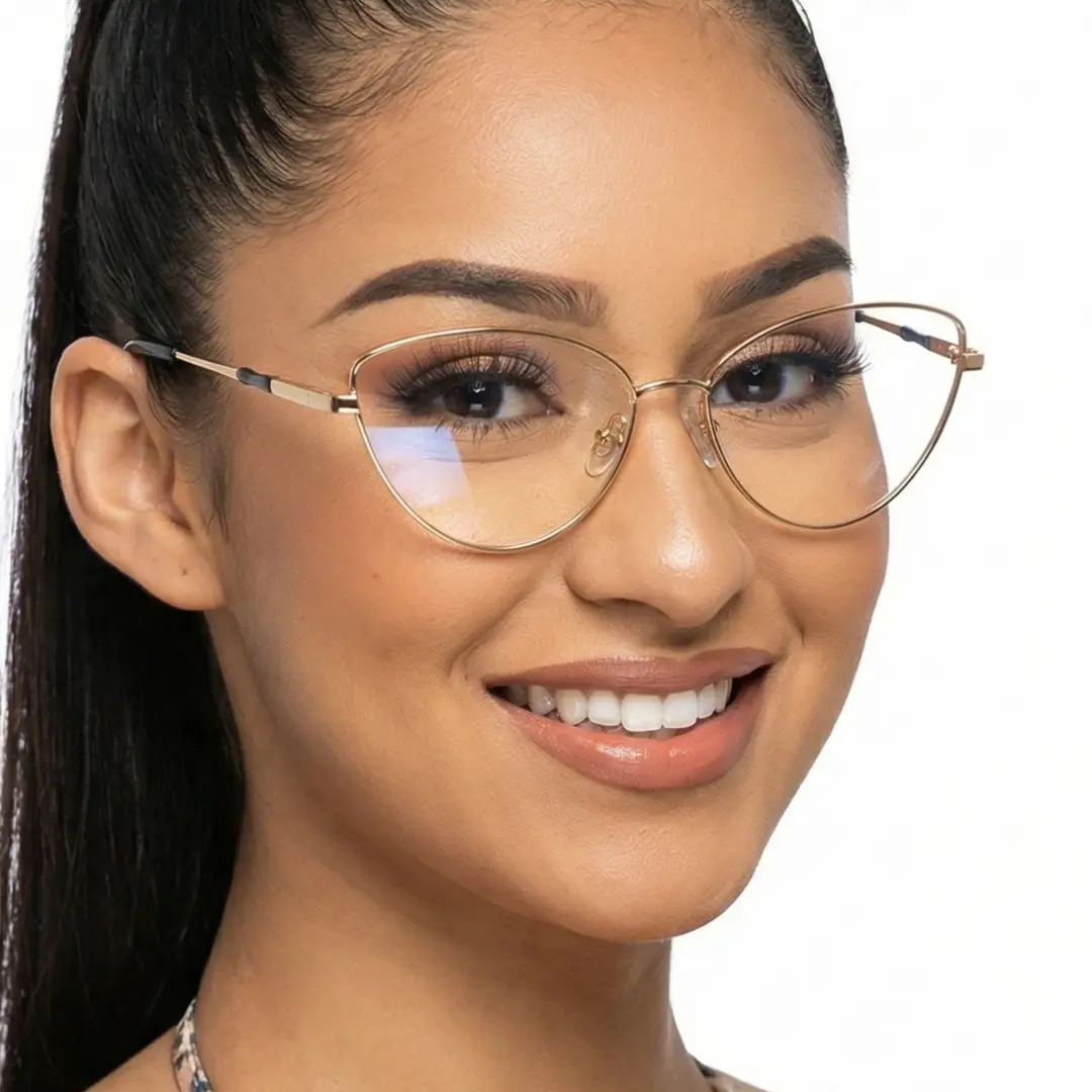 Three-quarter view of female wearing gold cat eye eyeglasses, smiling, CM0472302
