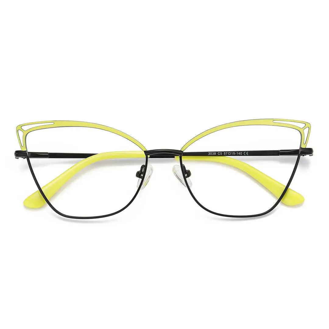 Front folded view of Ngin colorful cat eye metal eyeglasses in yellow. SPU: CM0482302