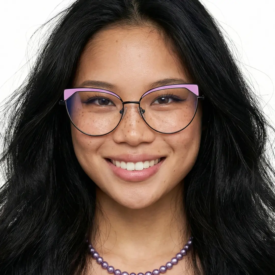 Looking straight ahead view of female wearing purple cat eye eyeglasses, natural smile, CM0522302