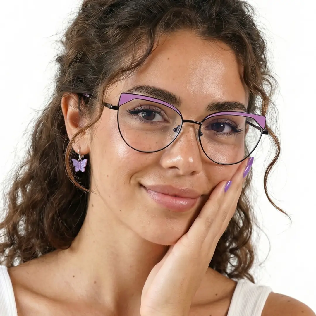 Three-quarter view of female wearing purple cat eye eyeglasses, hand touching cheek, soft smile, CM0522302