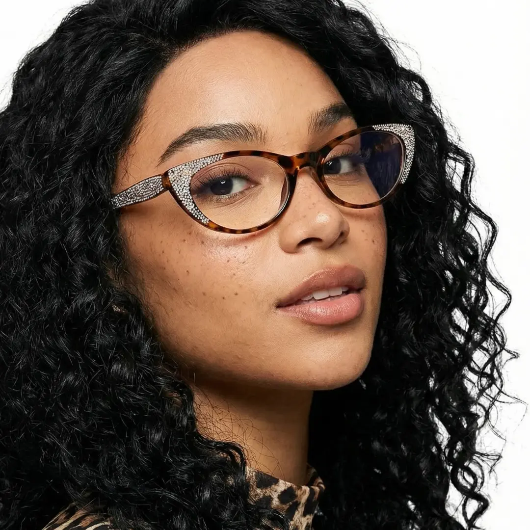Over-the-shoulder view of female wearing tortoise cat eye eyeglasses, neutral expression, CP0012308