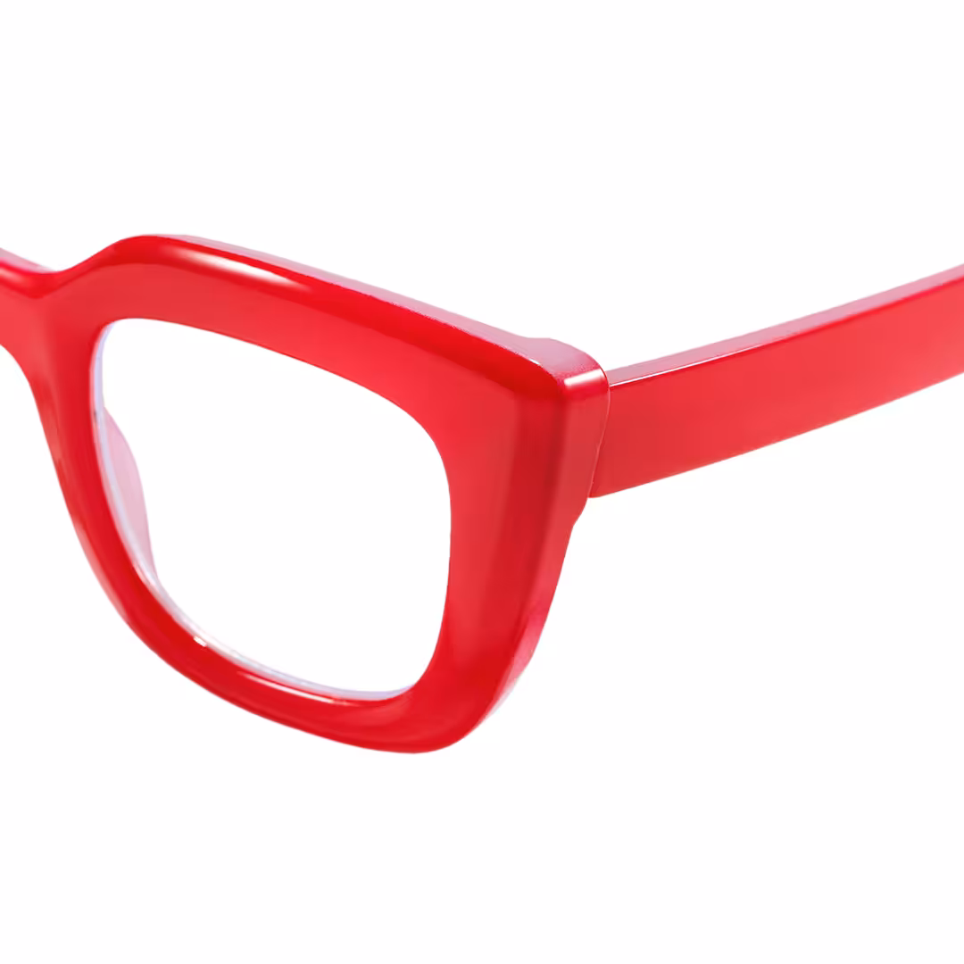 End piece detail of Cohen cat eye pc eyeglasses in red. SPU: CP0012403