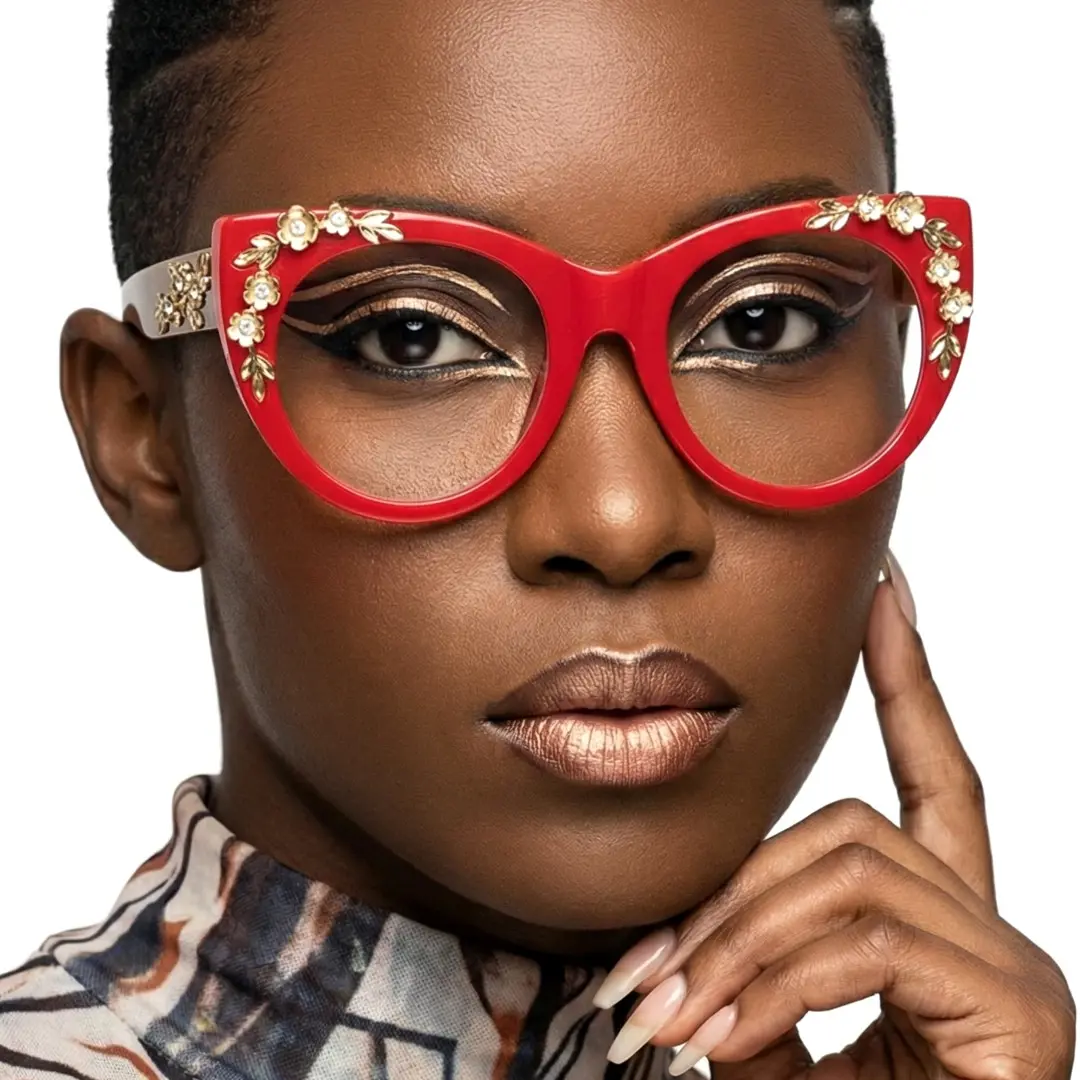 Front view of female wearing red cat eye eyeglasses, neutral expression, CP0012407