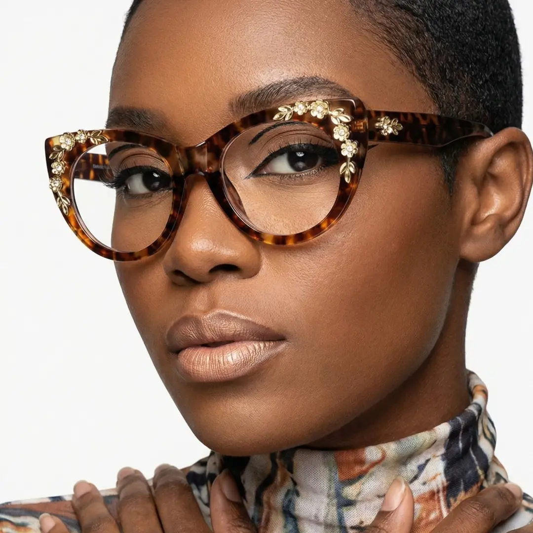 Profile view of female wearing tortoise cat eye eyeglasses, neutral expression, CP0012407