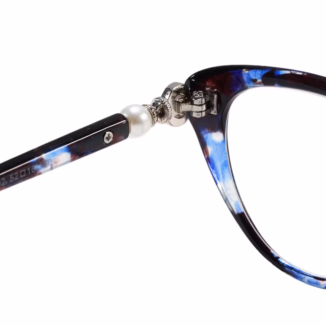 Hinge detail of Jena cat eye pc eyeglasses in blue. SPU: CP0022503