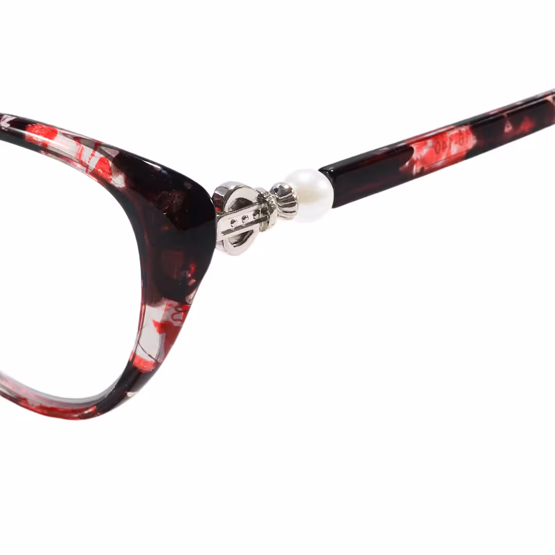 End piece detail of Jena cat eye pc eyeglasses in red. SPU: CP0022503