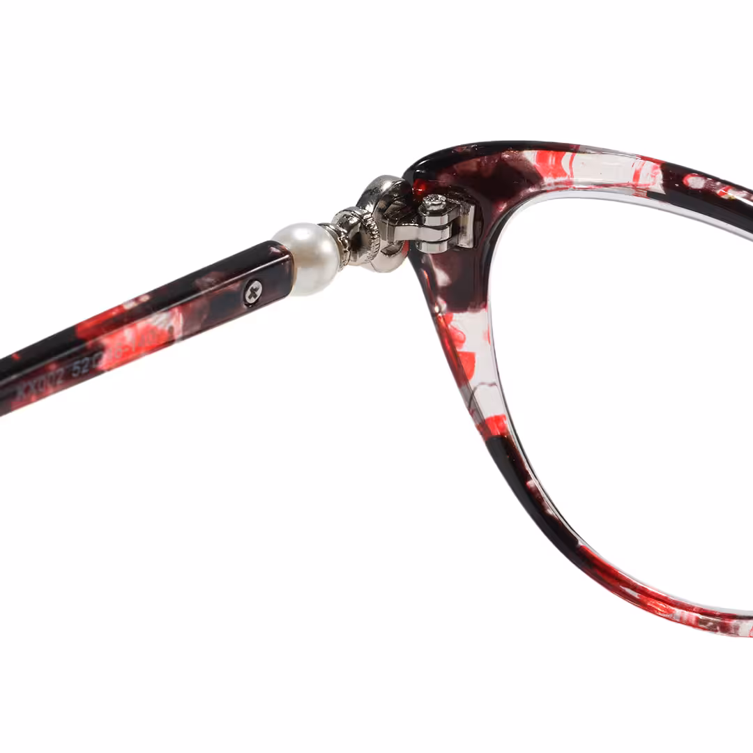 Hinge detail of Jena cat eye pc eyeglasses in red. SPU: CP0022503