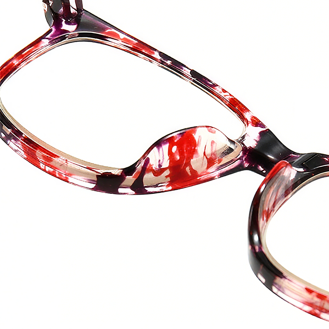 Integrated nose pad detail of Jena vintage cat eye pc eyeglasses in red. SPU: CP0022503