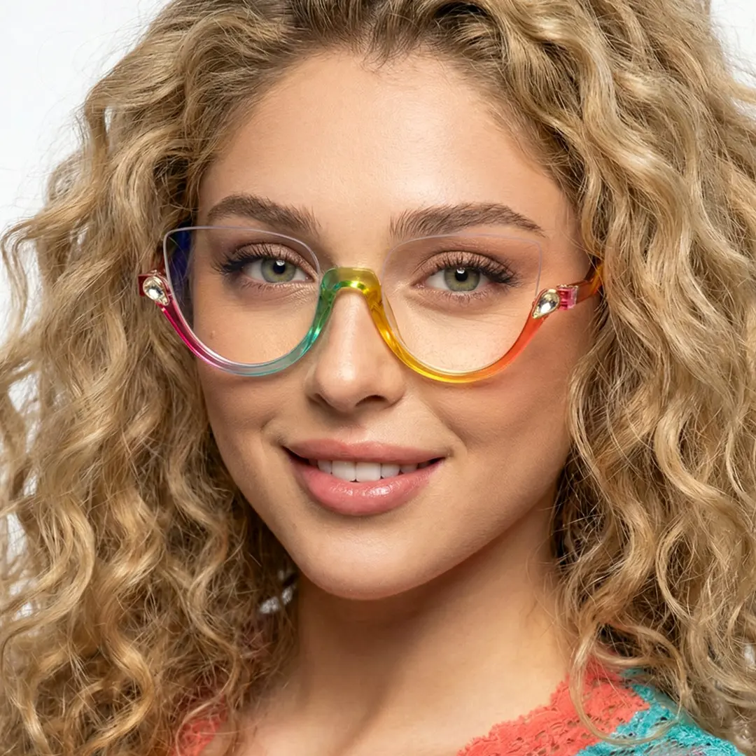 Face close-up view of female wearing multicolor cat eye eyeglasses, natural smile, CP0032211